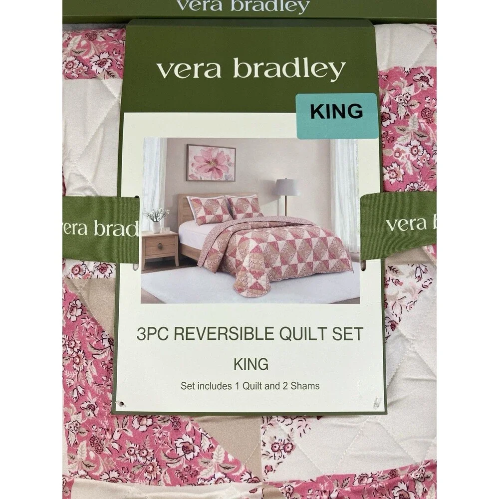 Vera Bradley King Quilt Set 3 Piece Reversible Floral Patchwork Pink Tan Shams